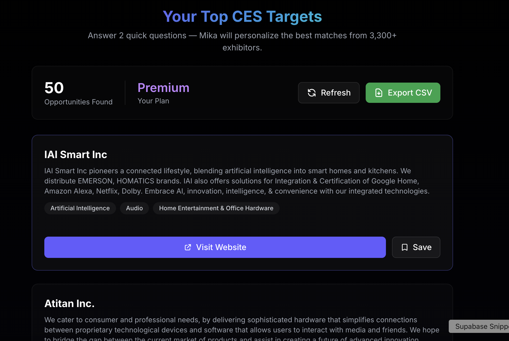 AI-ranked exhibitor targets with match scores